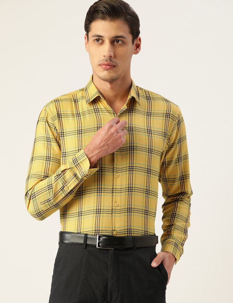 Indian Needle Men's Cotton Checked Formal Shirts - SF_793Yellow_S