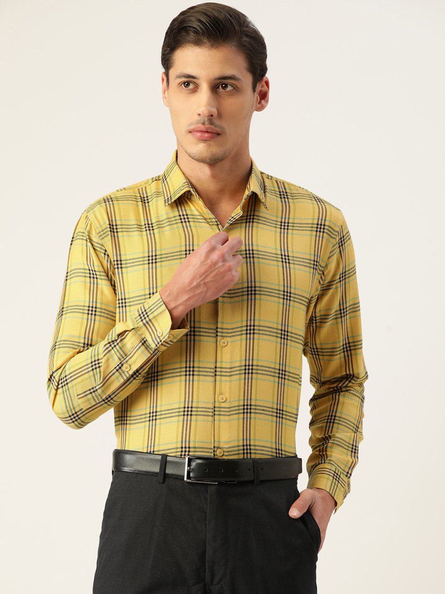Indian Needle Men's Cotton Checked Formal Shirts - SF_793Yellow_S