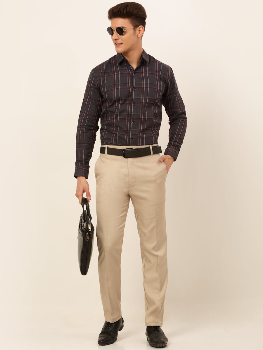 Indian Needle Men's Cotton Checked Formal Shirts - SF_836Brown_S