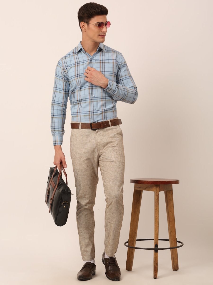 Indian Needle Men's Cotton Checked Formal Shirts - SF_819Sky_S