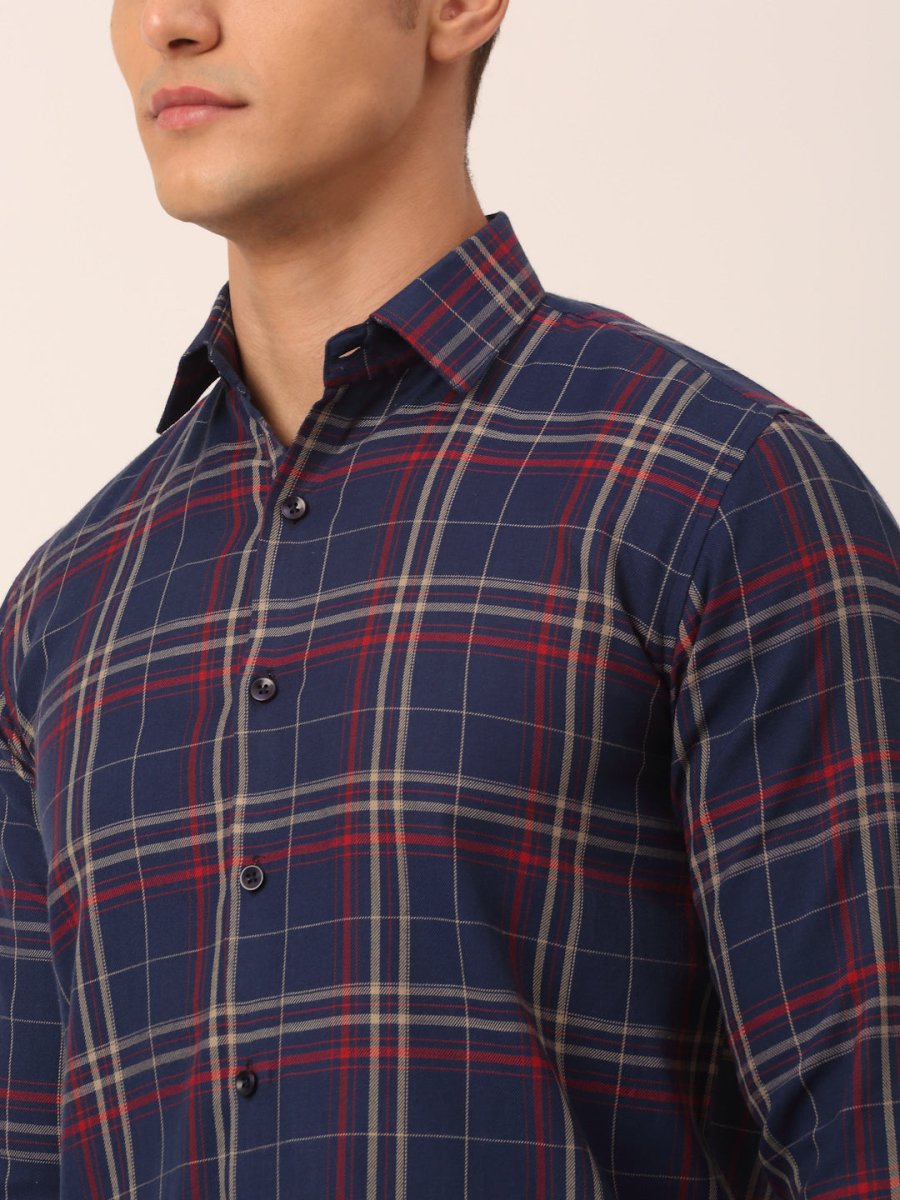 Indian Needle Men's Cotton Checked Formal Shirts - SF_819Navy_S