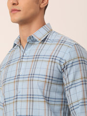 Indian Needle Men's Cotton Checked Formal Shirts - SF_819Sky_S