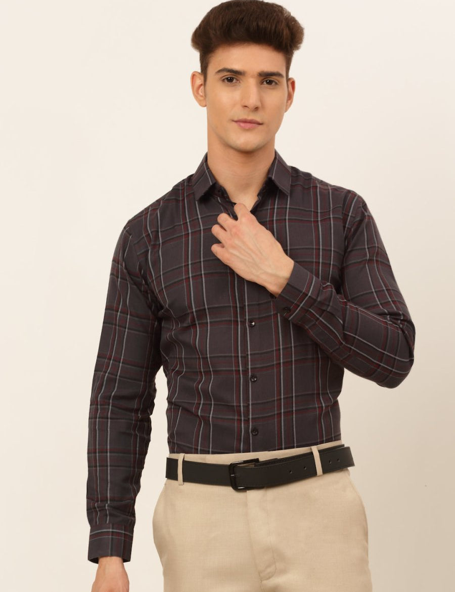Indian Needle Men's Cotton Checked Formal Shirts - SF_836Brown_S