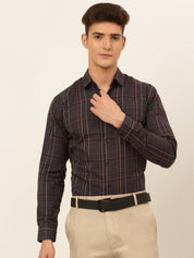 Indian Needle Men's Cotton Checked Formal Shirts - SF_836Brown_S
