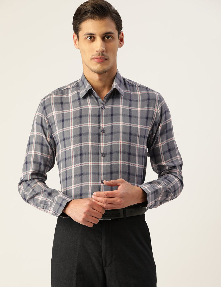 Indian Needle Men's Cotton Checked Formal Shirts - SF_803Grey_S