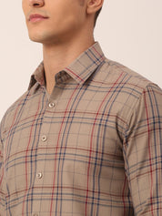 Indian Needle Men's Cotton Checked Formal Shirts - SF_819Brown_S