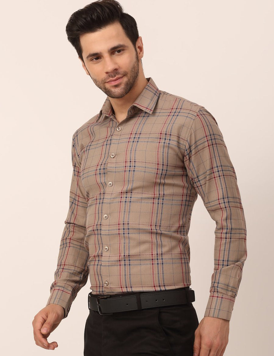 Indian Needle Men's Cotton Checked Formal Shirts - SF_819Brown_S