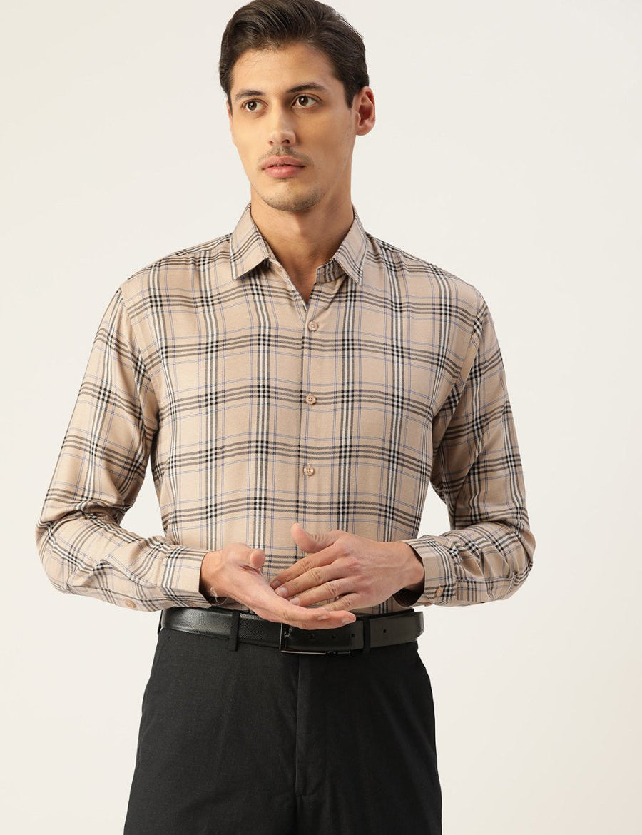 Indian Needle Men's Cotton Checked Formal Shirts - SF_793Brown_S