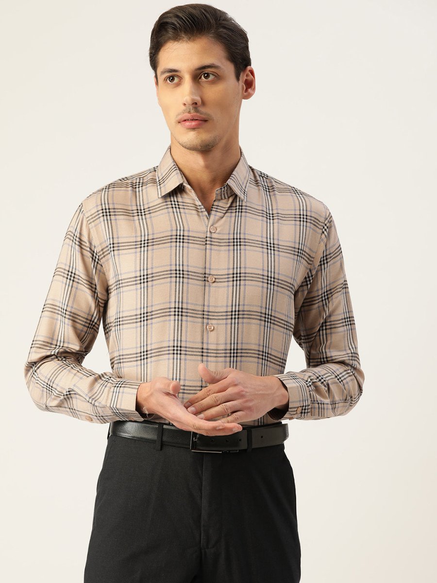 Indian Needle Men's Cotton Checked Formal Shirts - SF_793Brown_S