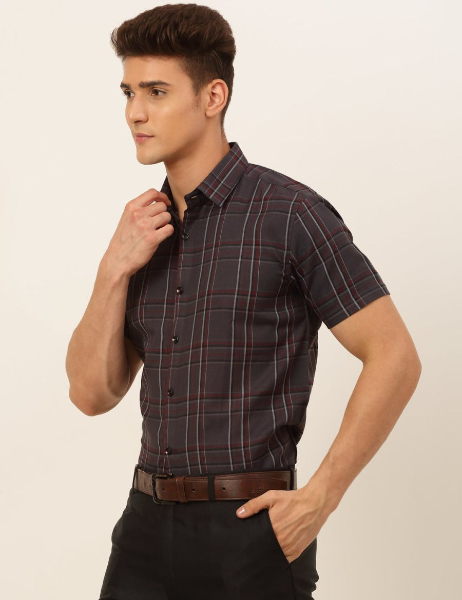Indian Needle Men's Cotton Checked Formal Shirts - SF_834Brown_S