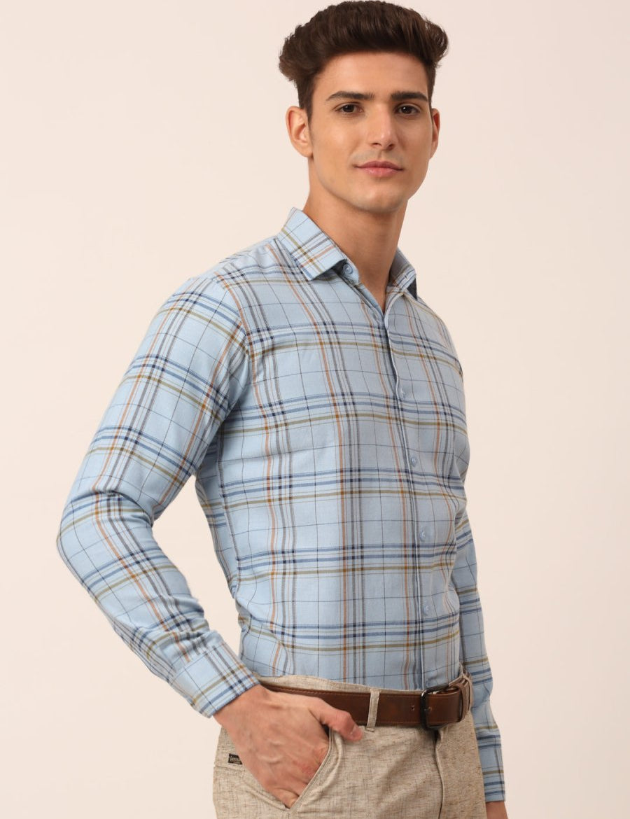 Indian Needle Men's Cotton Checked Formal Shirts - SF_819Sky_S