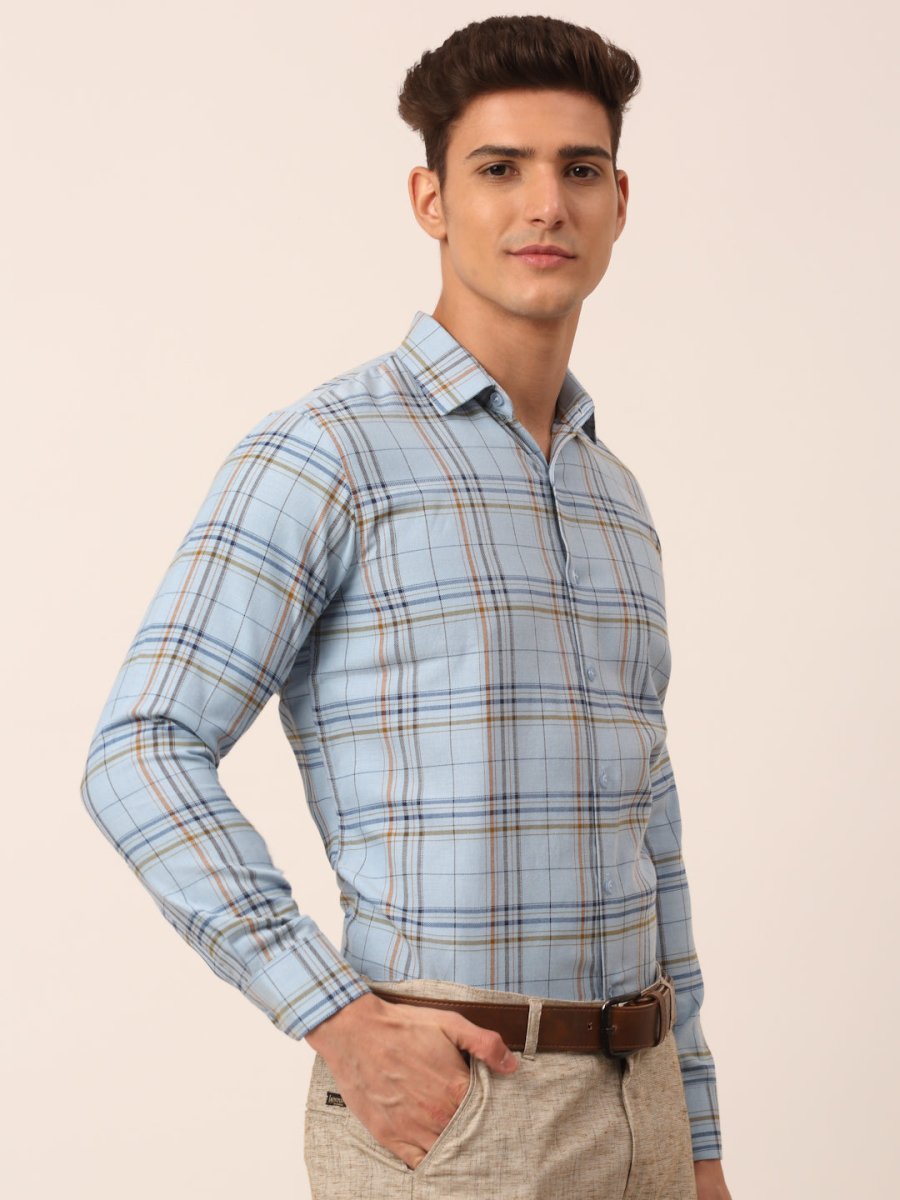 Indian Needle Men's Cotton Checked Formal Shirts - SF_819Sky_S