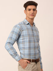 Indian Needle Men's Cotton Checked Formal Shirts - SF_819Sky_S