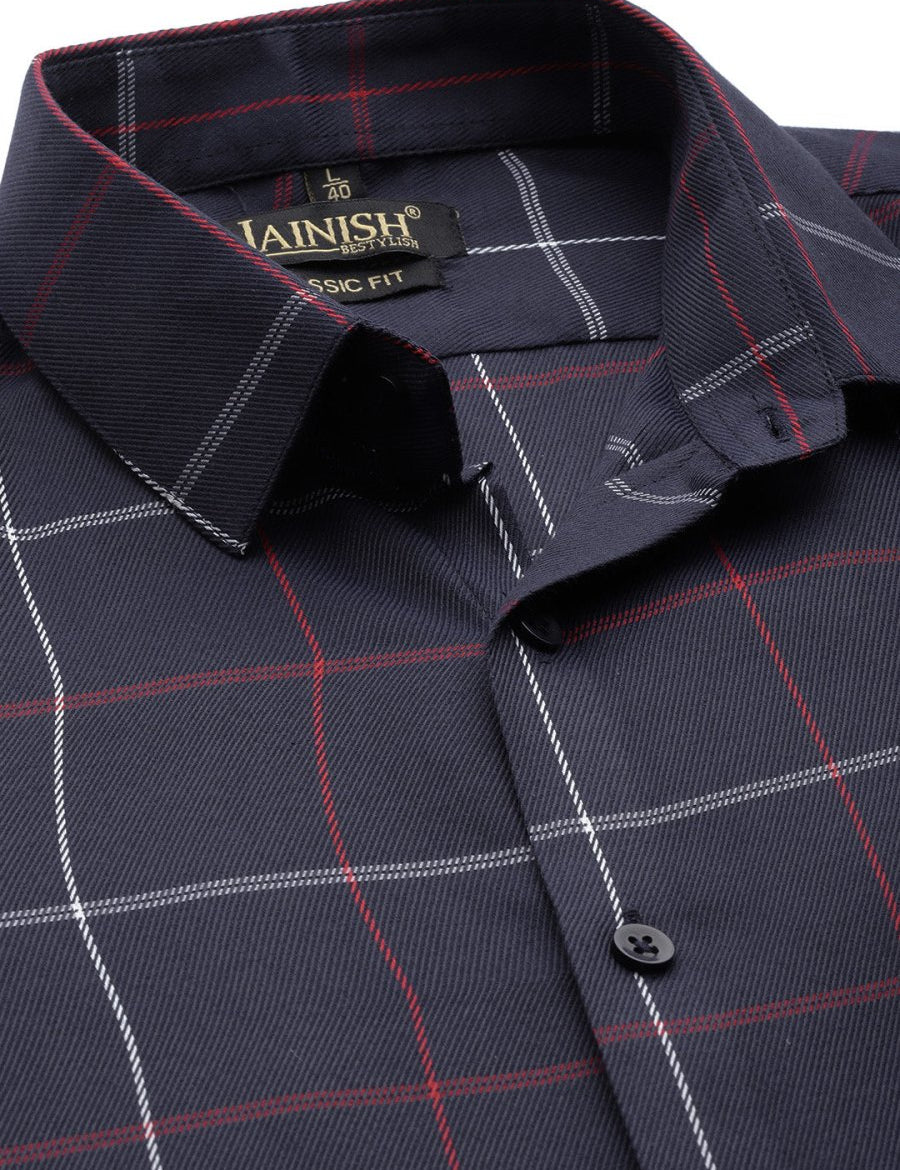 Indian Needle Men's Cotton Checked Formal Shirts - SF_797Navy_S