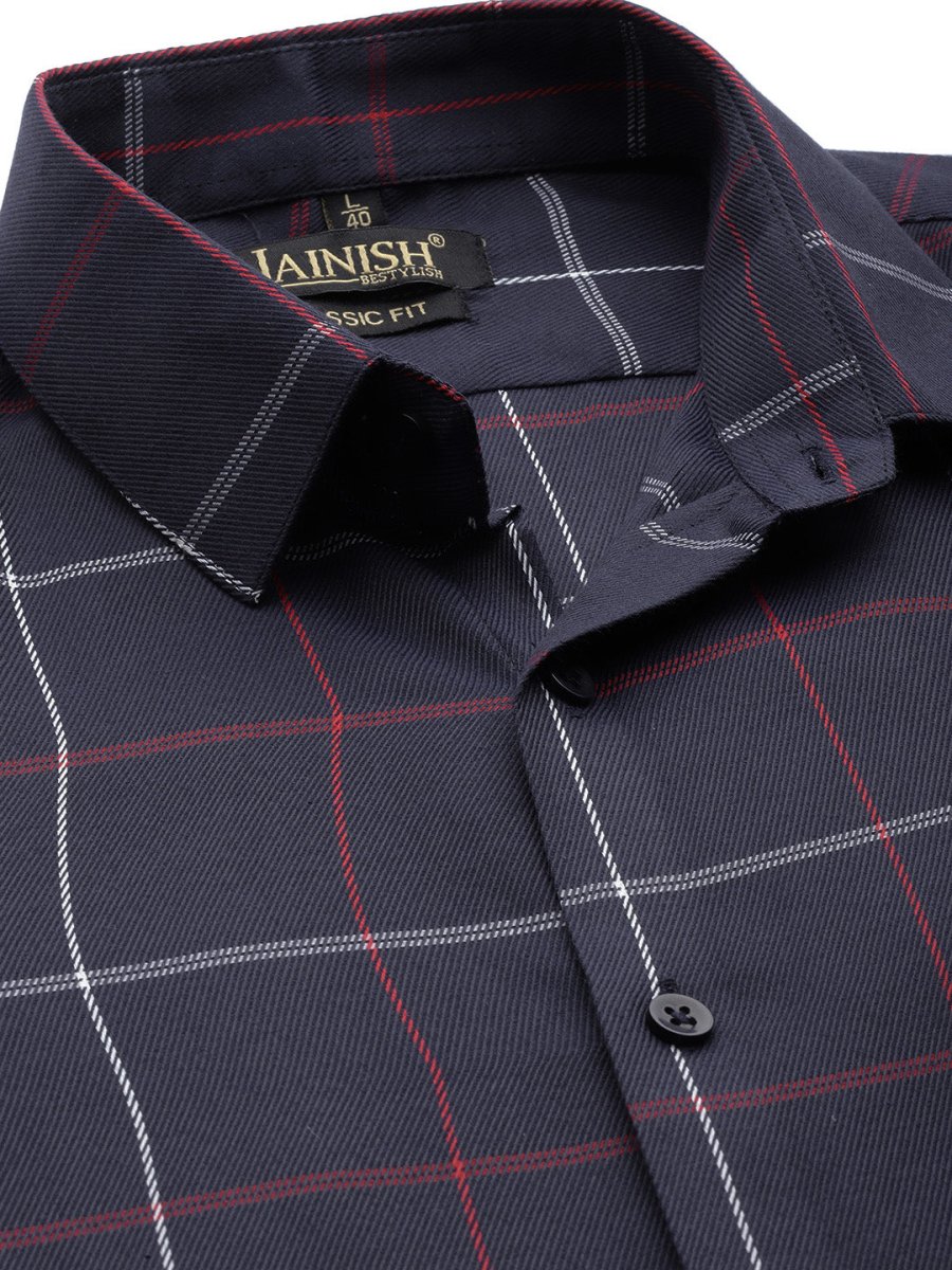 Indian Needle Men's Cotton Checked Formal Shirts - SF_797Navy_S