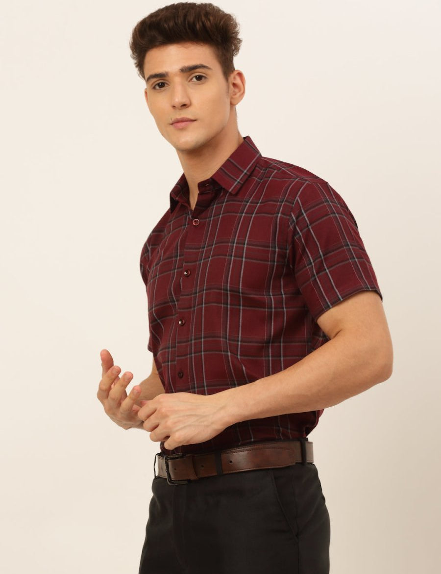Indian Needle Men's Cotton Checked Formal Shirts - SF_834Maroon_S