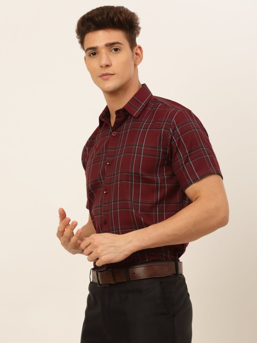 Indian Needle Men's Cotton Checked Formal Shirts - SF_834Maroon_S