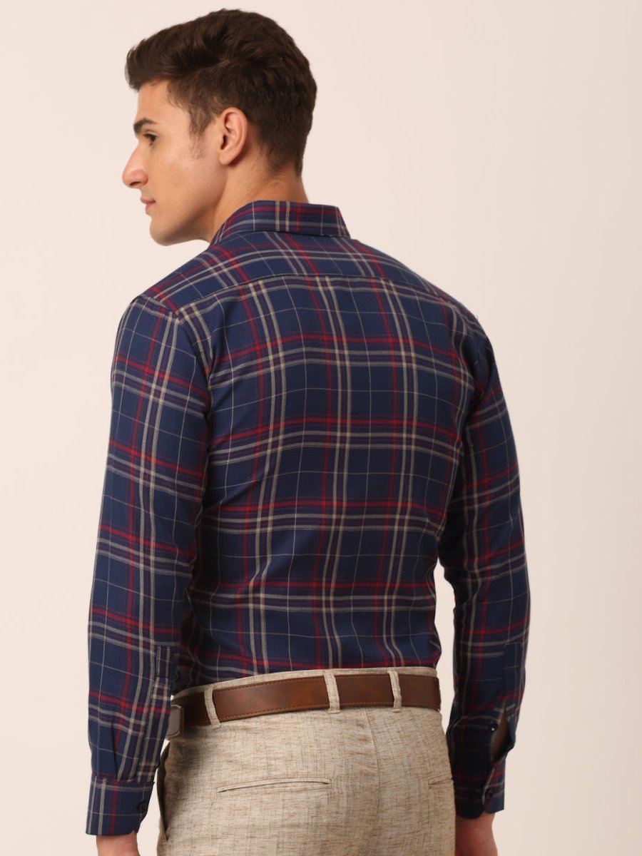 Indian Needle Men's Cotton Checked Formal Shirts - SF_819Navy_S