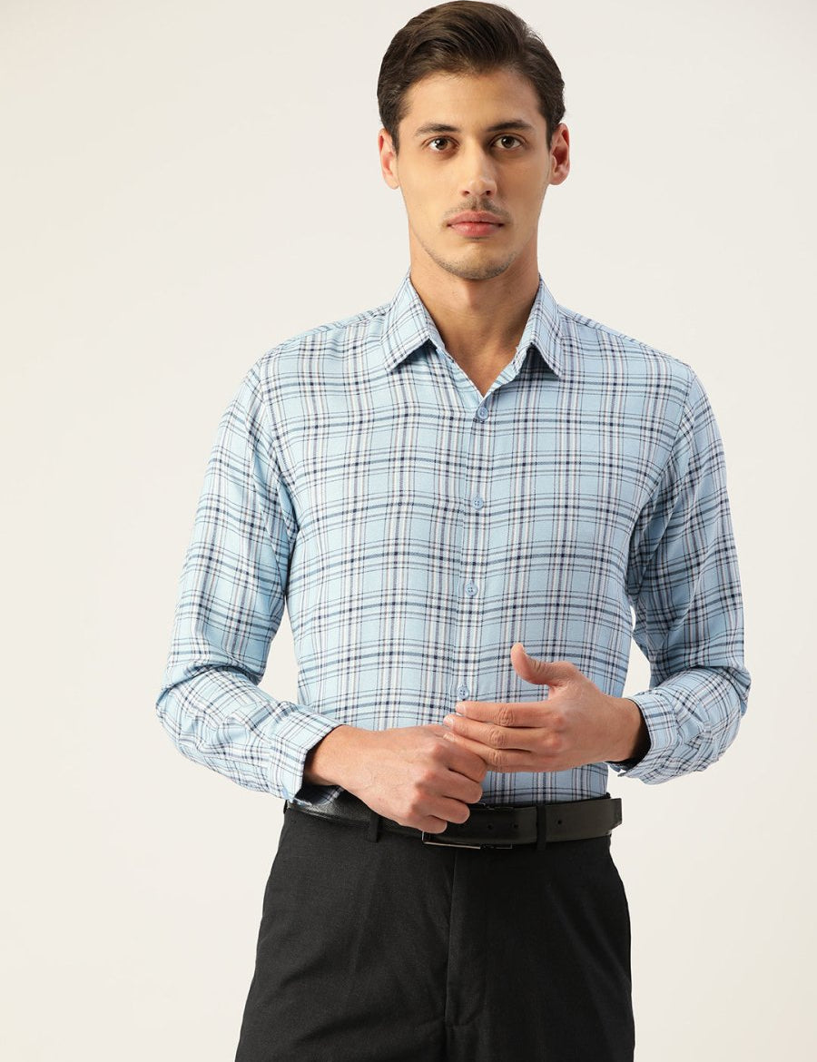 Indian Needle Men's Cotton Checked Formal Shirts - SF_791Sky_S