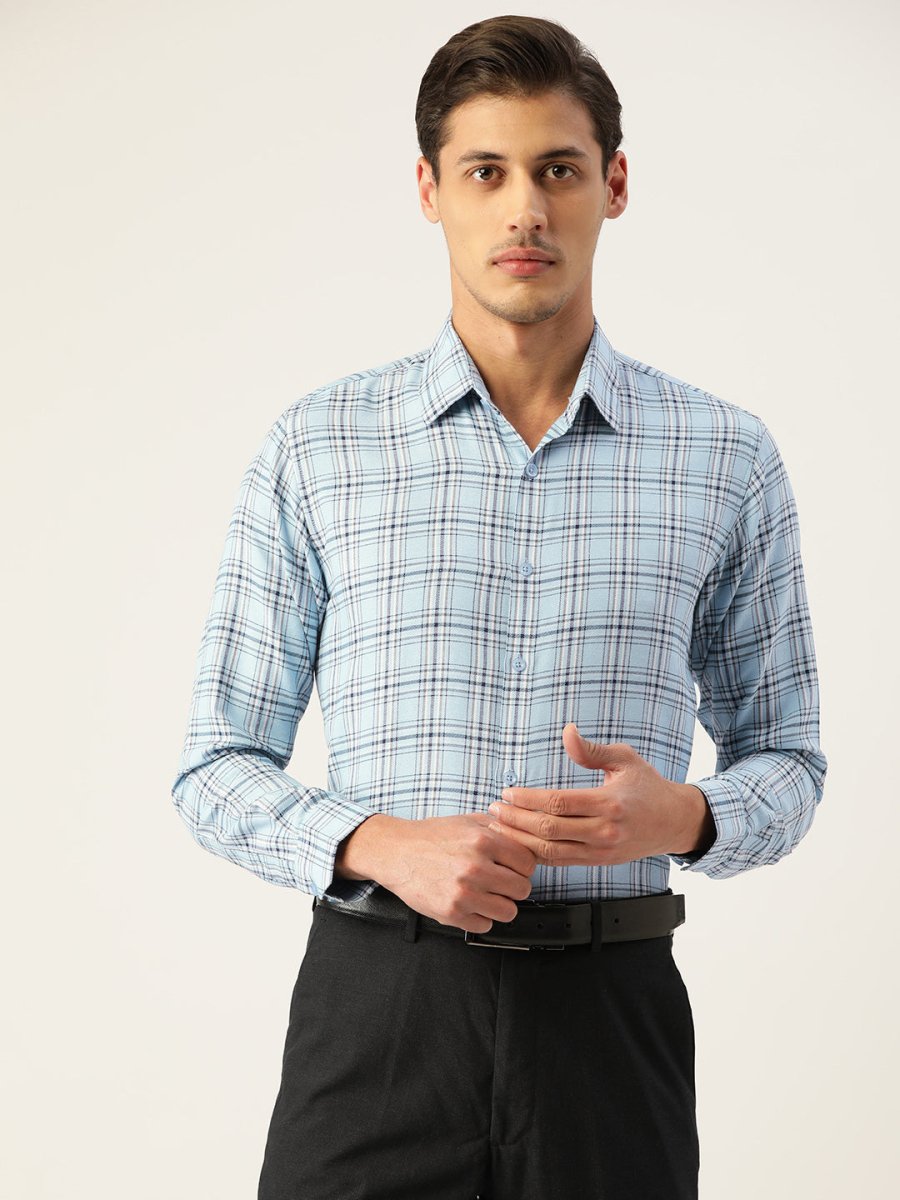 Indian Needle Men's Cotton Checked Formal Shirts - SF_791Sky_S