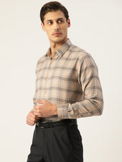 Indian Needle Men's Cotton Checked Formal Shirts - SF_793Brown_S