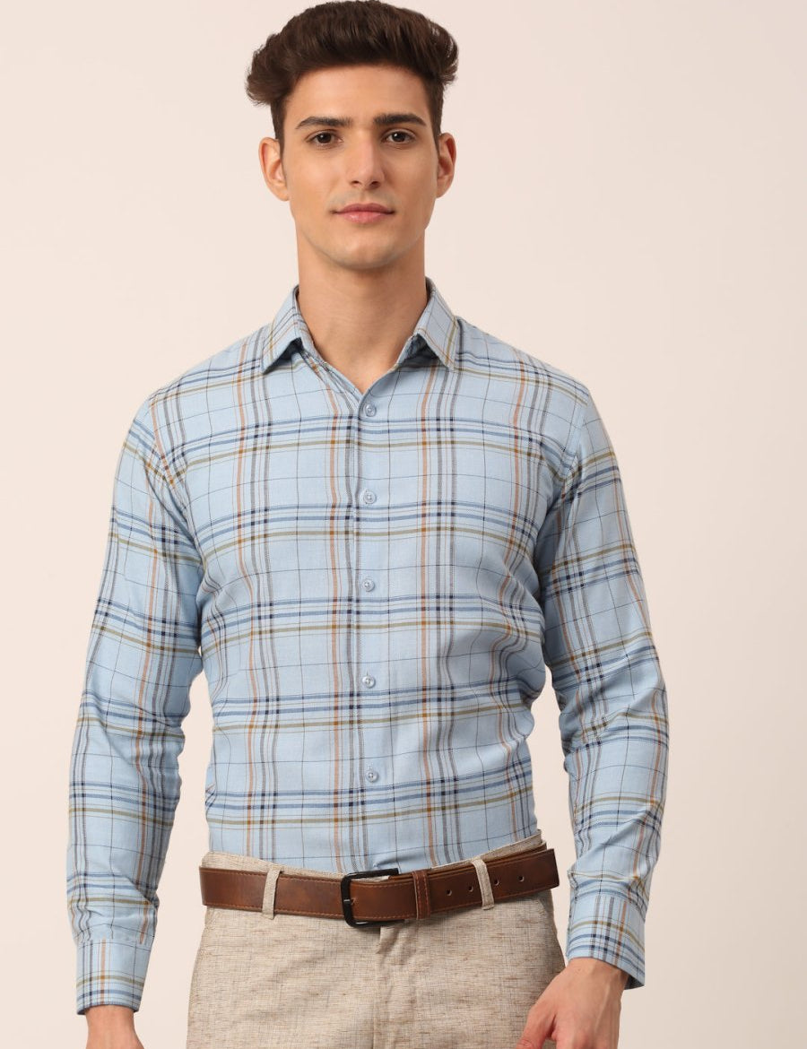 Indian Needle Men's Cotton Checked Formal Shirts - SF_819Sky_S