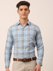 Indian Needle Men's Cotton Checked Formal Shirts - SF_819Sky_S
