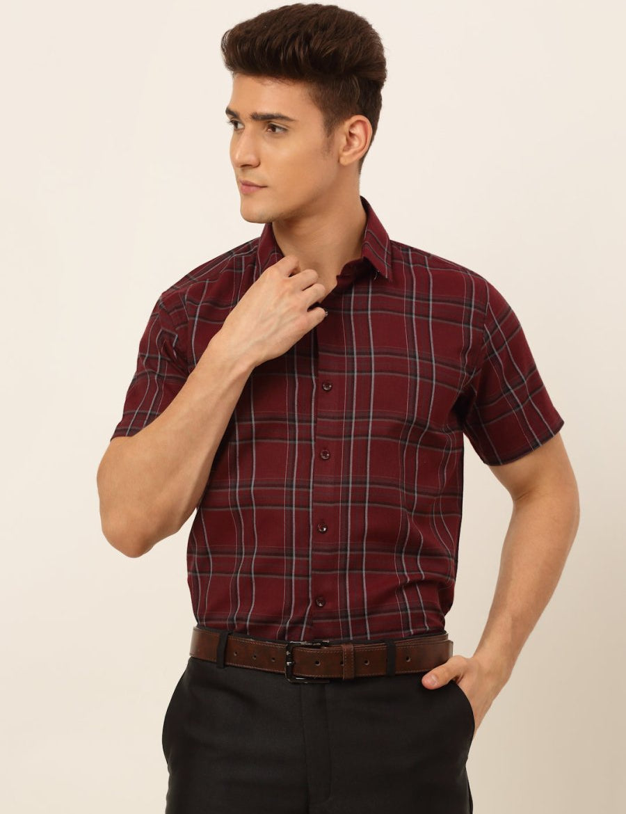 Indian Needle Men's Cotton Checked Formal Shirts - SF_834Maroon_S