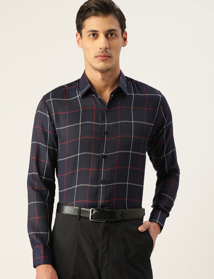 Indian Needle Men's Cotton Checked Formal Shirts - SF_797Navy_S
