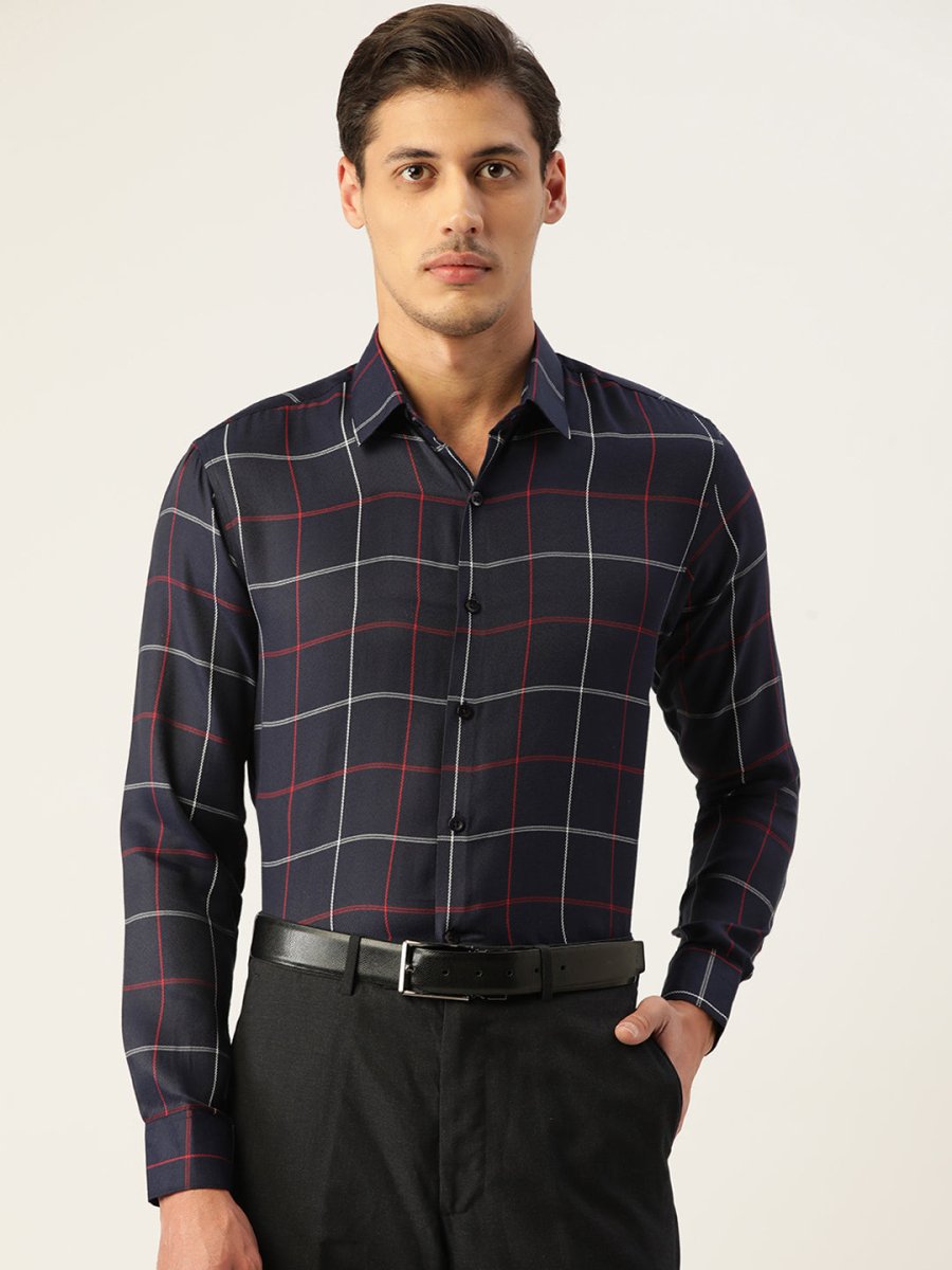 Indian Needle Men's Cotton Checked Formal Shirts - SF_797Navy_S