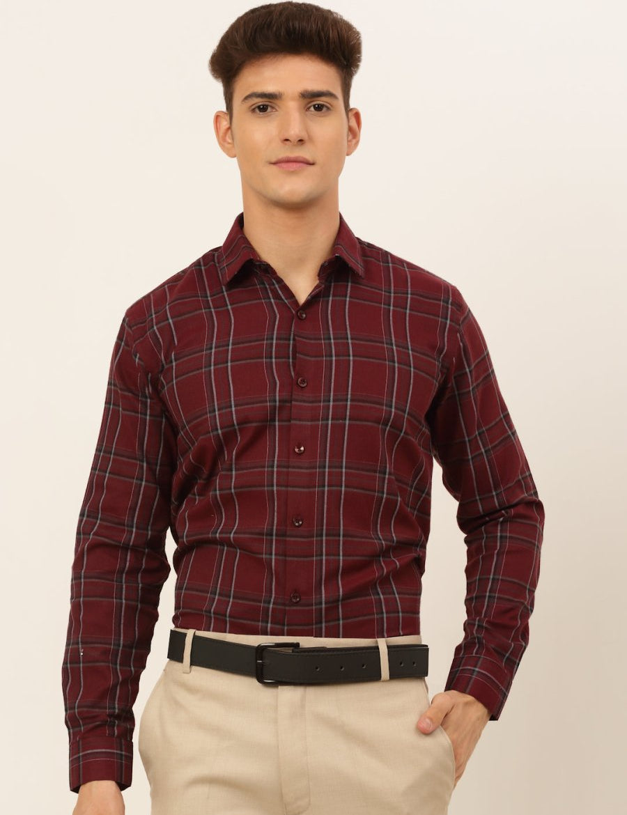 Indian Needle Men's Cotton Checked Formal Shirts - SF_836Maroon_S