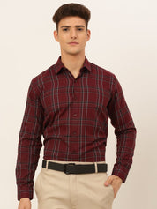 Indian Needle Men's Cotton Checked Formal Shirts - SF_836Maroon_S