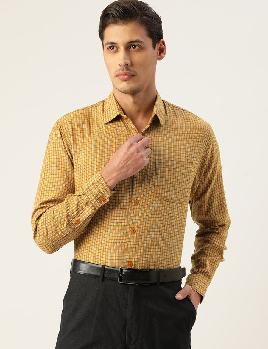 Indian Needle Men's Cotton Checked Formal Shirts - SF_804Mustard_S