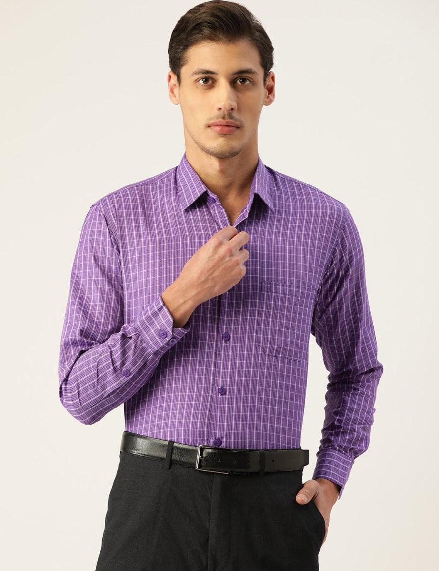 Indian Needle Men's Cotton Checked Formal Shirts - SF_800Voilet_S