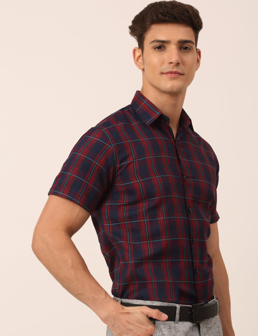 Indian Needle Men's Cotton Checked Half Sleeve Formal Shirts - SF_818Red-Blue_S