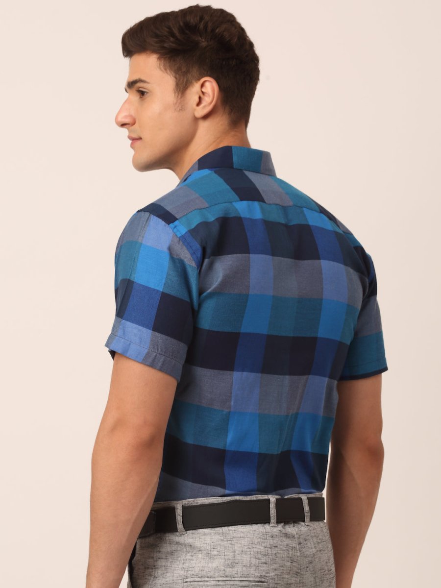 Indian Needle Men's Cotton Checked Half Sleeve Formal Shirts - SF_817Blue_S