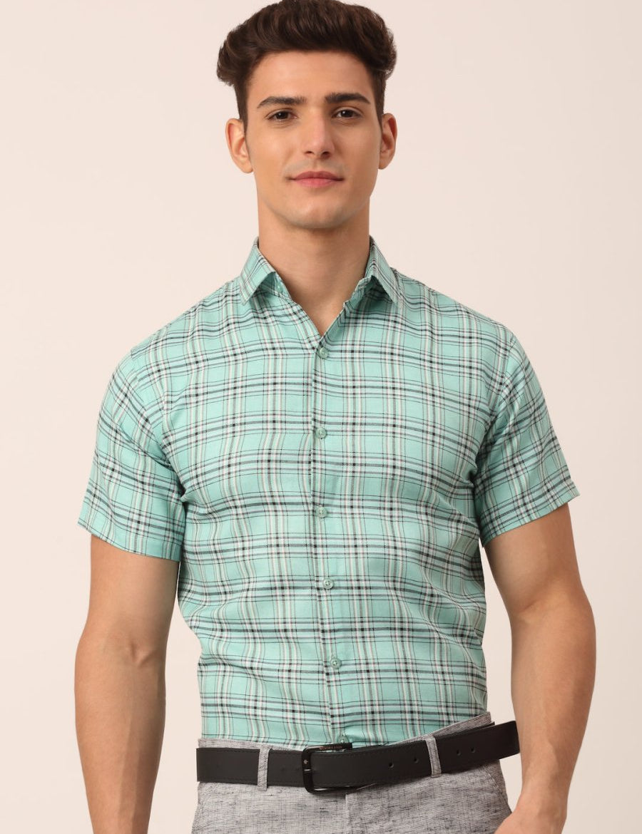 Indian Needle Men's Cotton Checked Half Sleeve Formal Shirts - SF_815Green_S