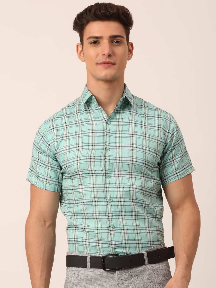 Indian Needle Men's Cotton Checked Half Sleeve Formal Shirts - SF_815Green_S