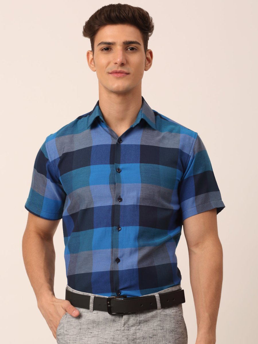 Indian Needle Men's Cotton Checked Half Sleeve Formal Shirts - SF_817Blue_S
