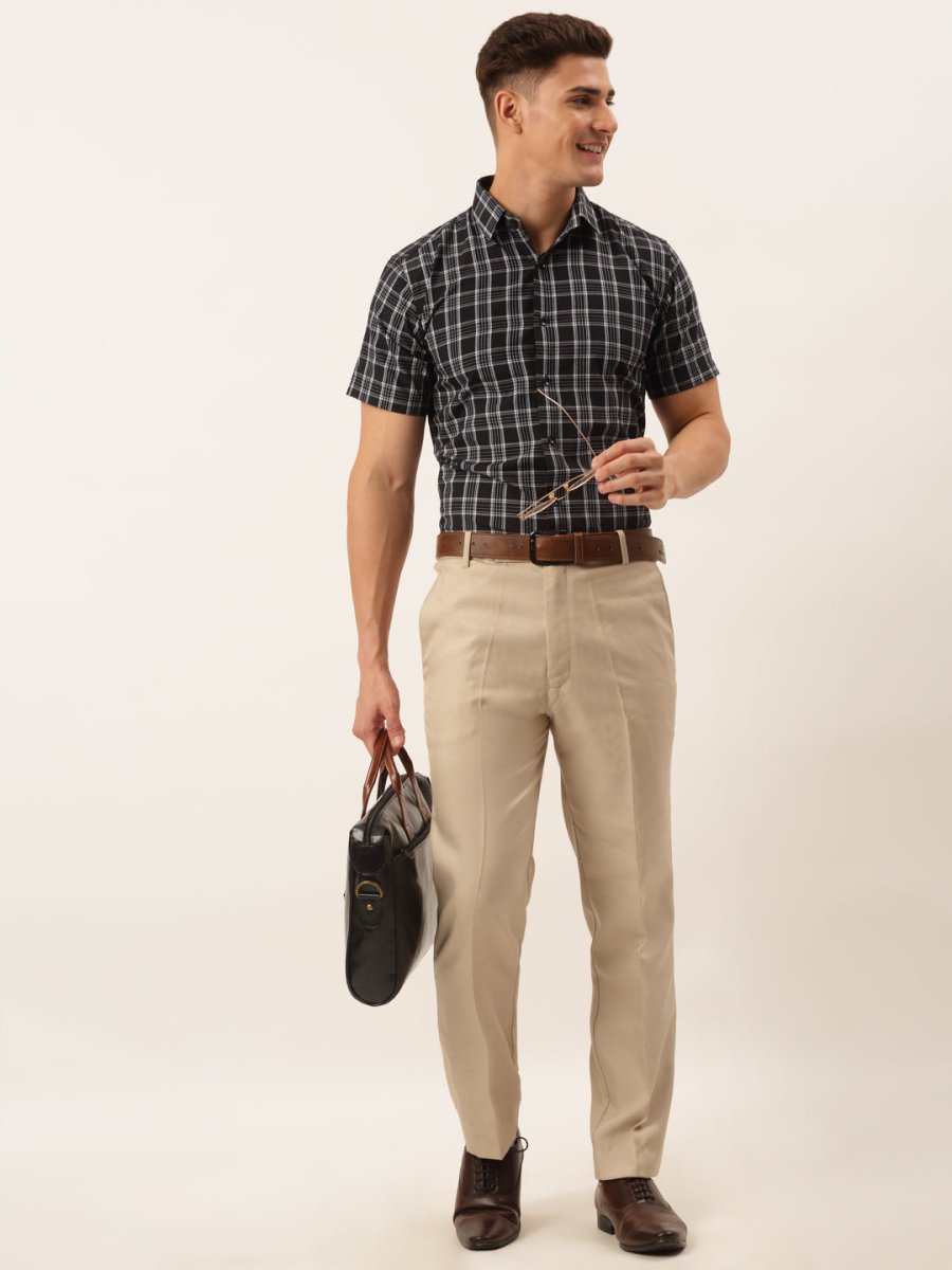 Indian Needle Men's Cotton Checked Half Sleeve Formal Shirts - SF_808Black_S