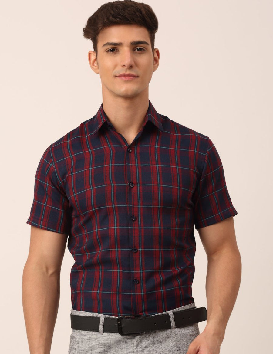 Indian Needle Men's Cotton Checked Half Sleeve Formal Shirts - SF_818Red-Blue_S
