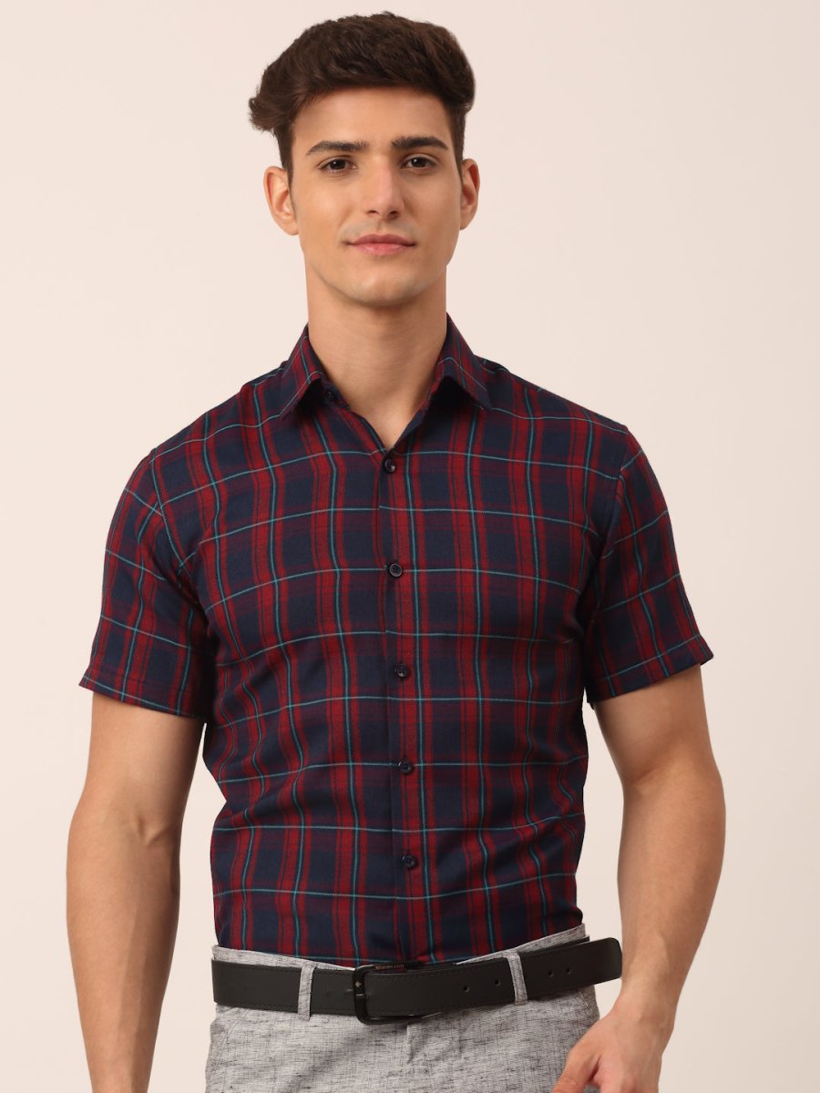 Indian Needle Men's Cotton Checked Half Sleeve Formal Shirts - SF_818Red-Blue_S