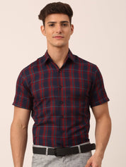 Indian Needle Men's Cotton Checked Half Sleeve Formal Shirts - SF_818Red-Blue_S