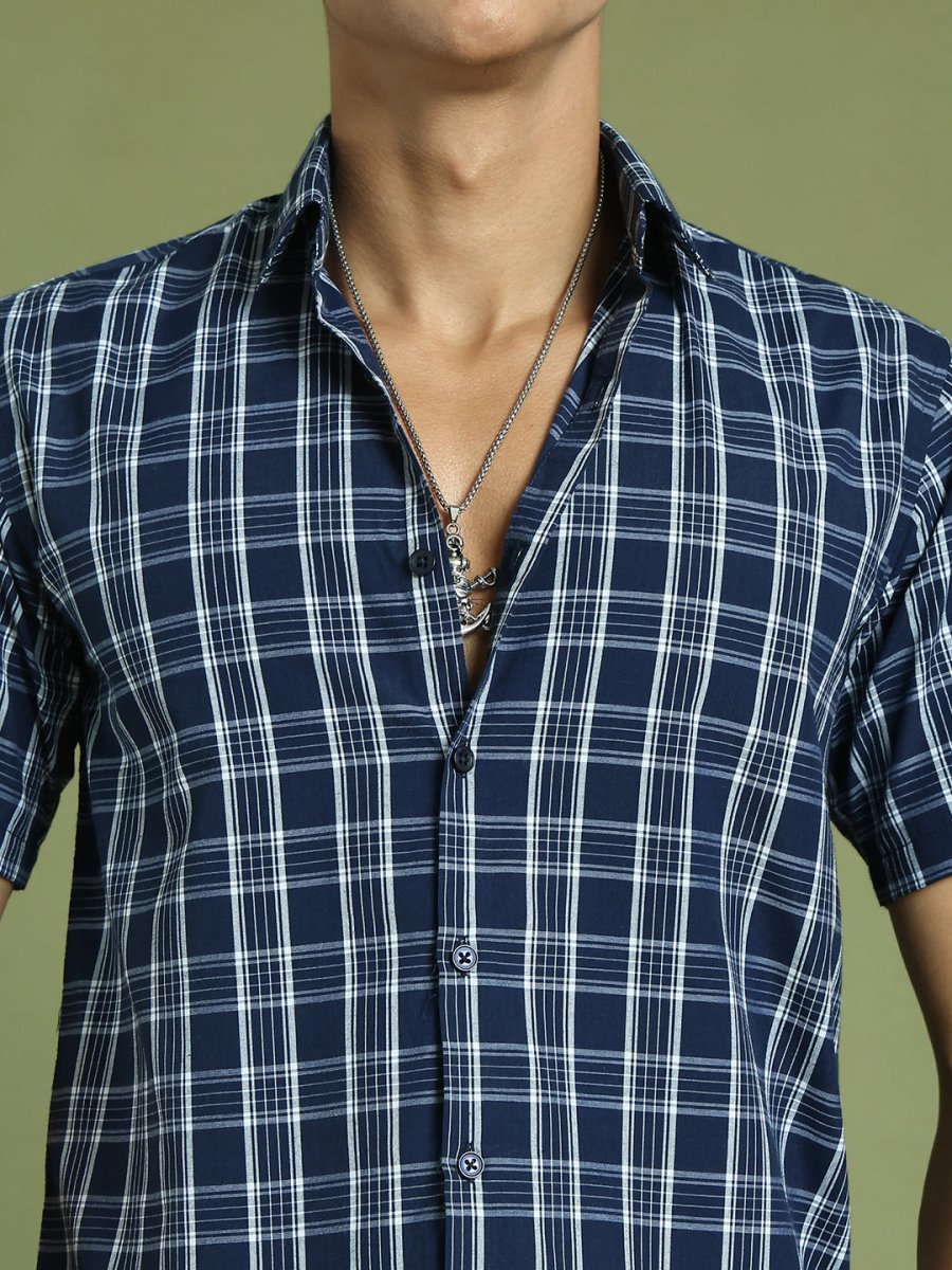 Indian Needle Men's Cotton Checked Half Sleeve Formal Shirts - SF_808Blue_S