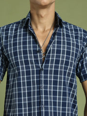 Indian Needle Men's Cotton Checked Half Sleeve Formal Shirts - SF_808Blue_S