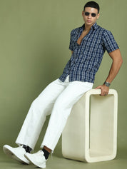 Indian Needle Men's Cotton Checked Half Sleeve Formal Shirts - SF_808Blue_S