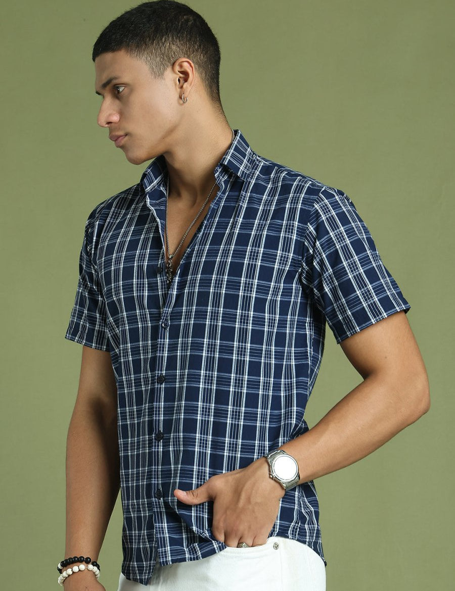 Indian Needle Men's Cotton Checked Half Sleeve Formal Shirts - SF_808Blue_S