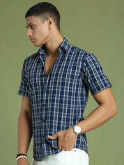 Indian Needle Men's Cotton Checked Half Sleeve Formal Shirts - SF_808Blue_S