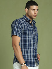 Indian Needle Men's Cotton Checked Half Sleeve Formal Shirts - SF_808Blue_S