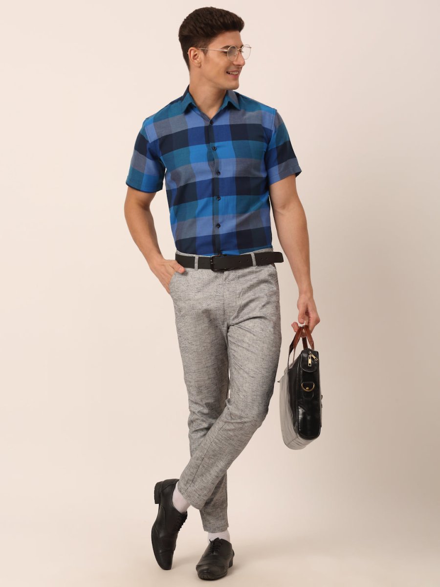 Indian Needle Men's Cotton Checked Half Sleeve Formal Shirts - SF_817Blue_S